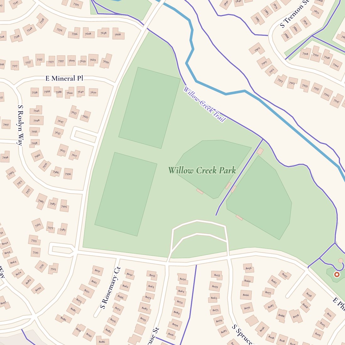 Close-up: Willow Creek Park, the creek and Willow Creek Trail