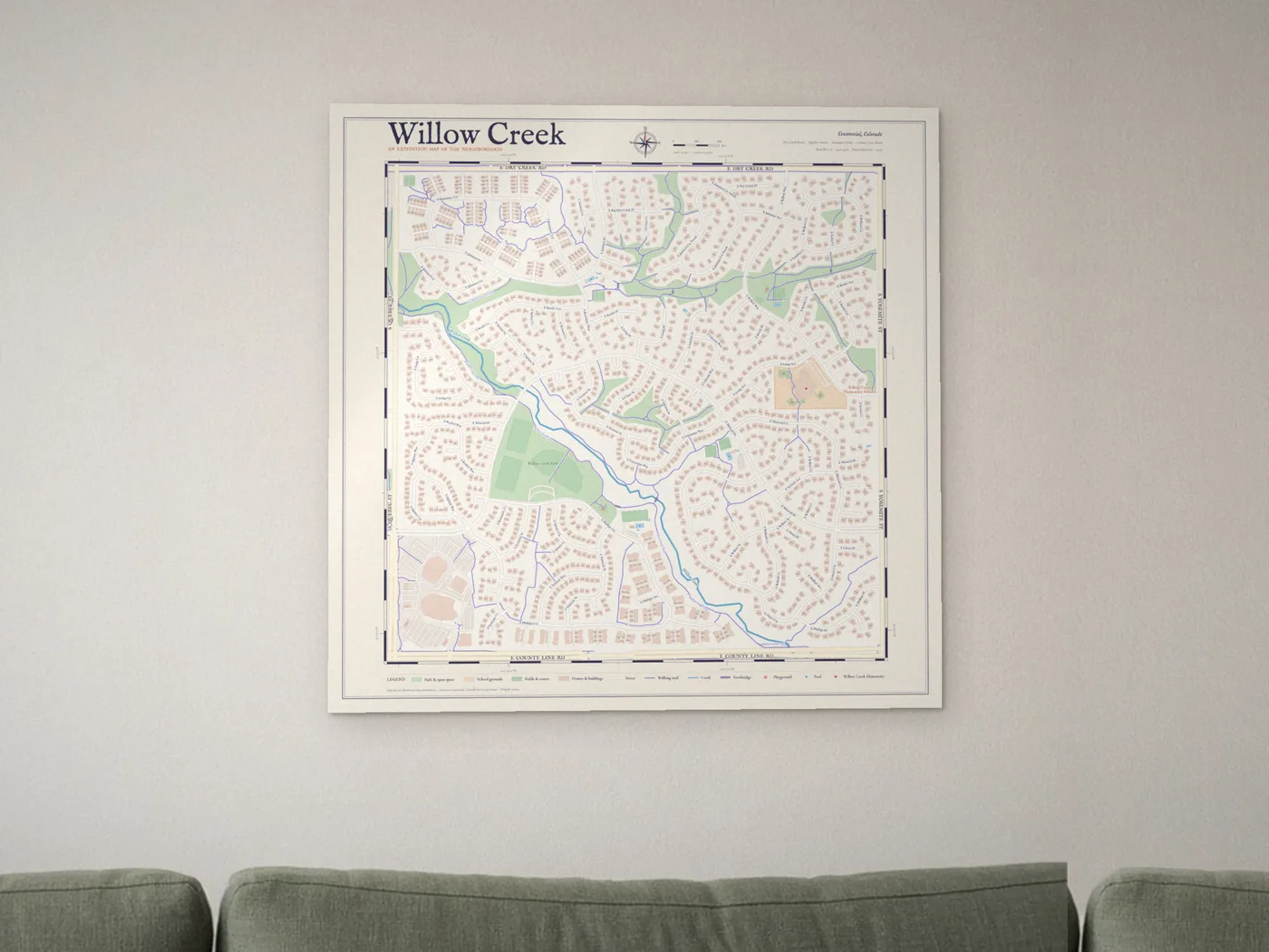 24 by 24 inch Willow Creek wall map mockup on a light wall